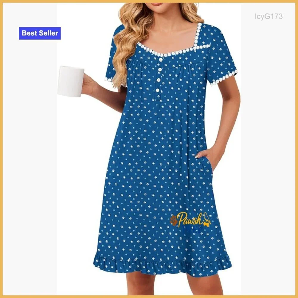 Large Knee Length Nightgown with Pockets Lace Trim Short Sleeve Sleepwear